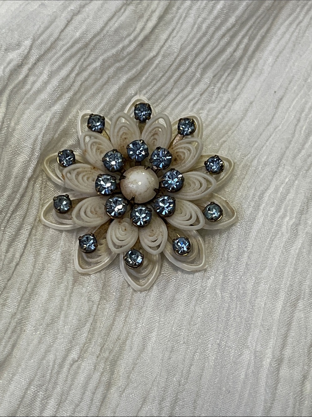 Antique Cream Floral Brooch with Blue Rhinestones